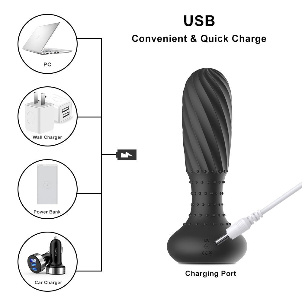 Vibrating Butt Plug Silicone Anal Vibrator w/ Stimulating Spiral Wave & Beads - oleifun -