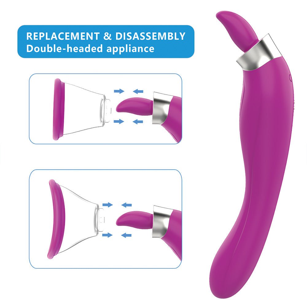 Vibrator 3-in-1 Tongue Licking & Sucking & Vibrating Clitoral Stimulator with 7 Modes & 2 Heads Silicone Waterproof - oleifun -
